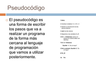 Pseudocódigo
 El pseudocódigo es
una forma de escribir
los pasos que va a
realizar un programa
de la forma más
cercana al lenguaje
de programación
que vamos a utilizar
posteriormente.
 