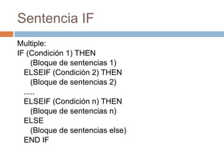 Sentencia IF
Multiple:
IF (Condición 1) THEN
(Bloque de sentencias 1)
ELSEIF (Condición 2) THEN
(Bloque de sentencias 2)
.....
ELSEIF (Condición n) THEN
(Bloque de sentencias n)
ELSE
(Bloque de sentencias else)
END IF
 