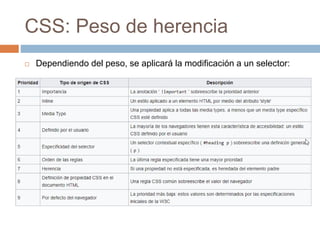 CSS: Peso de herencia
 Dependiendo del peso, se aplicará la modificación a un selector:
 