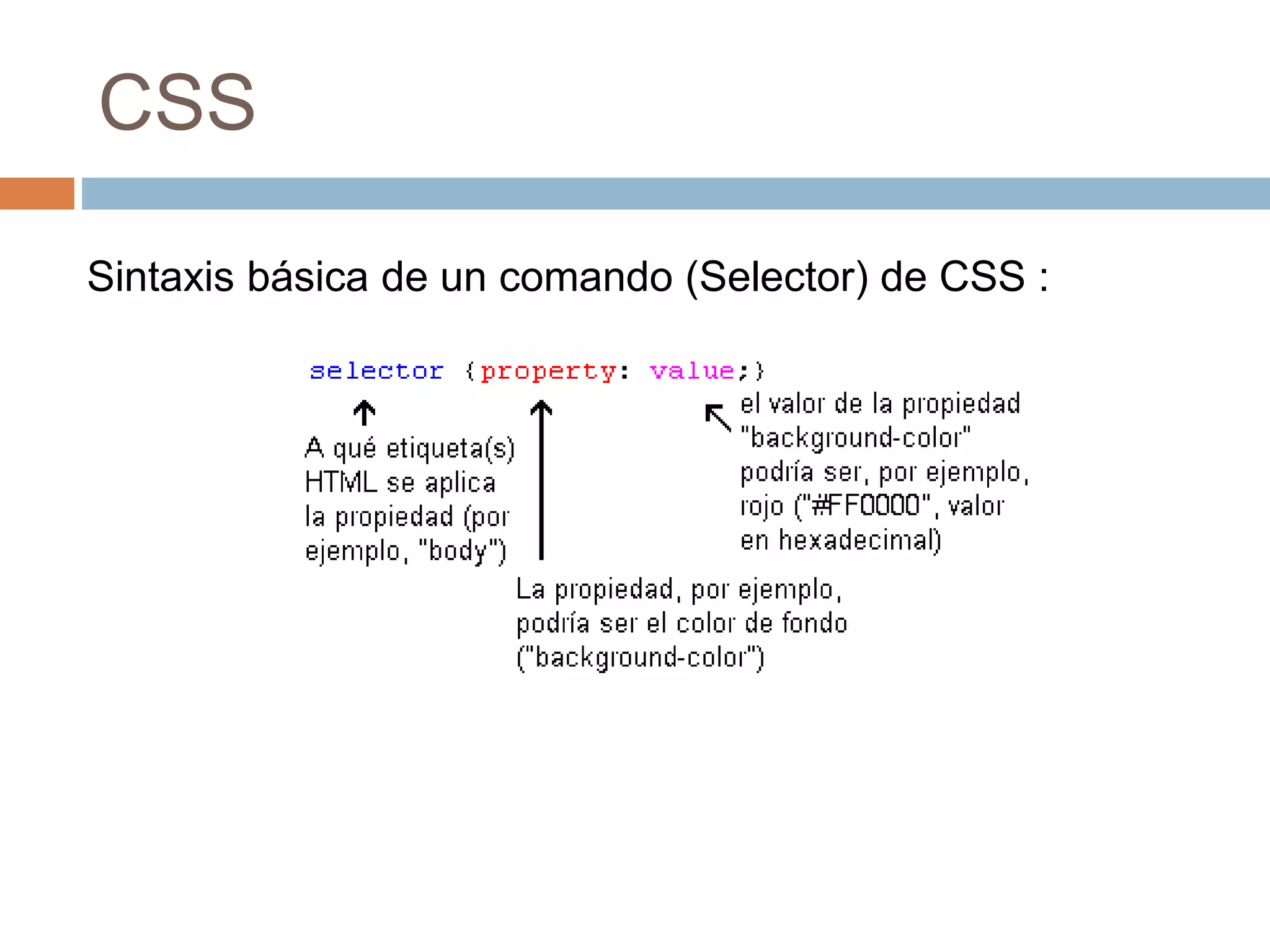CSS
Sintaxis básica de un comando (Selector) de CSS :
 