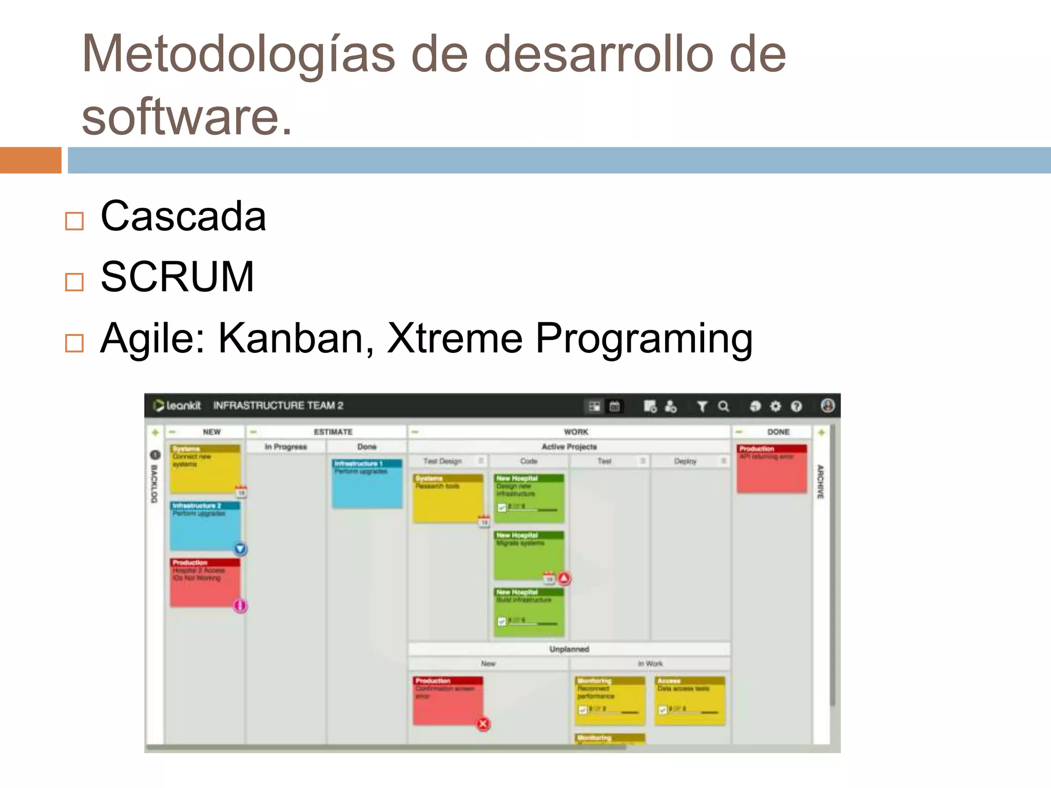 Metodologías de desarrollo de
software.
 Cascada
 SCRUM
 Agile: Kanban, Xtreme Programing
 