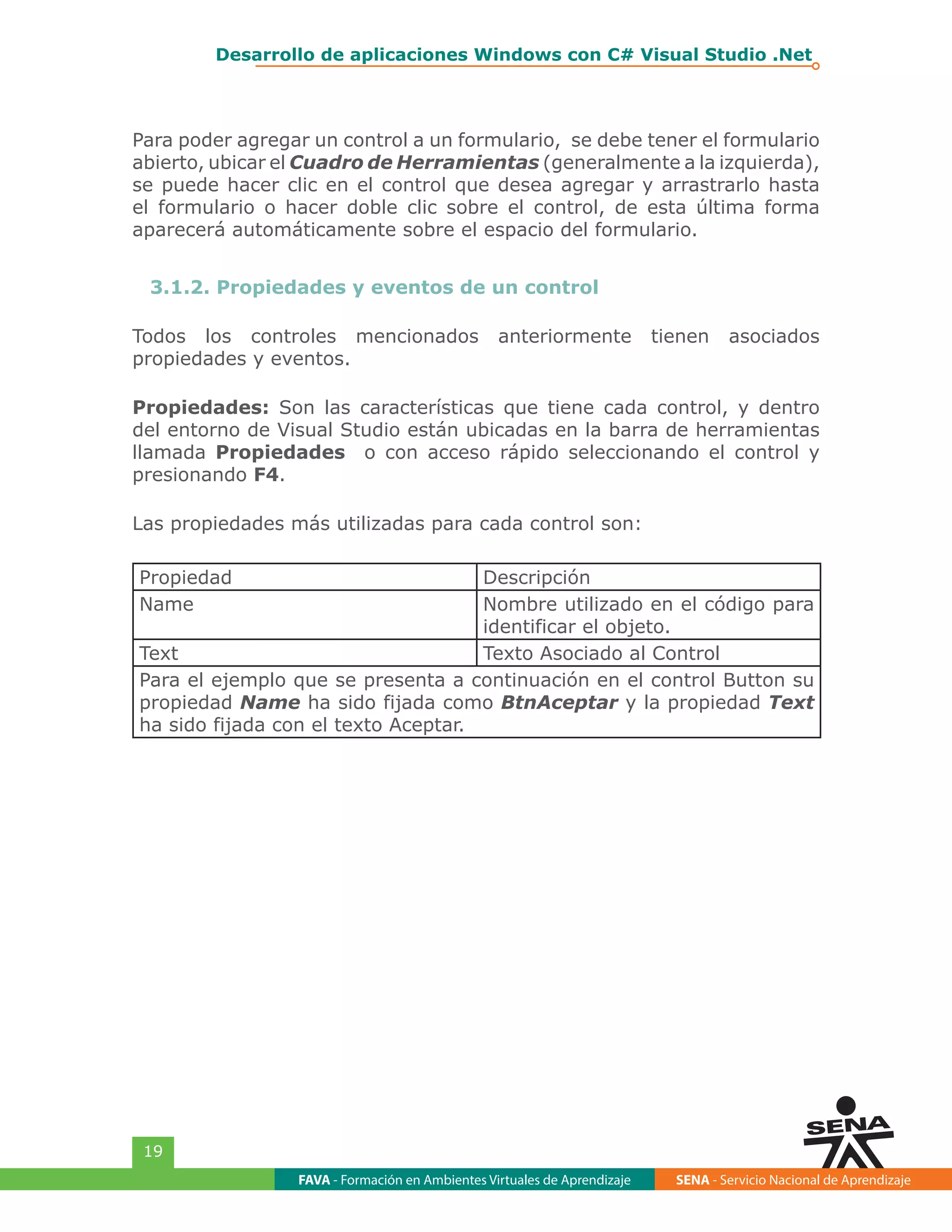 FAVA - Formación en Ambientes Virtuales de Aprendizaje SENA - Servicio Nacional de Aprendizaje
19
Desarrollo de aplicaciones Windows con C# Visual Studio .Net
Para poder agregar un control a un formulario, se debe tener el formulario
abierto, ubicar el Cuadro de Herramientas (generalmente a la izquierda),
se puede hacer clic en el control que desea agregar y arrastrarlo hasta
el formulario o hacer doble clic sobre el control, de esta última forma
aparecerá automáticamente sobre el espacio del formulario.
3.1.2. Propiedades y eventos de un control
Todos los controles mencionados anteriormente tienen asociados
propiedades y eventos.
Propiedades: Son las características que tiene cada control, y dentro
del entorno de Visual Studio están ubicadas en la barra de herramientas
llamada Propiedades o con acceso rápido seleccionando el control y
presionando F4.
Las propiedades más utilizadas para cada control son:
Propiedad Descripción
Name Nombre utilizado en el código para
identificar el objeto.
Text Texto Asociado al Control
Para el ejemplo que se presenta a continuación en el control Button su
propiedad Name ha sido fijada como BtnAceptar y la propiedad Text
ha sido fijada con el texto Aceptar.
 