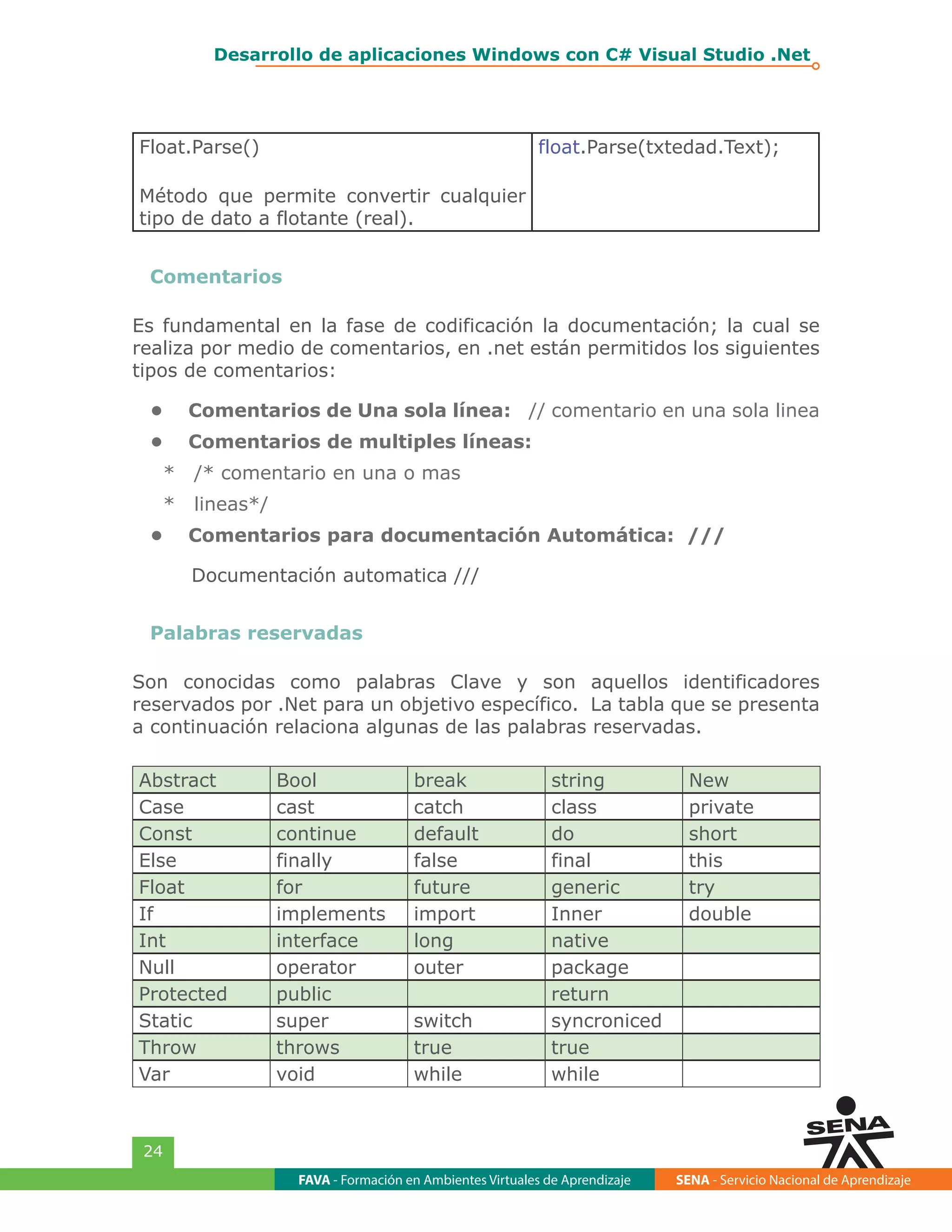 FAVA - Formación en Ambientes Virtuales de Aprendizaje SENA - Servicio Nacional de Aprendizaje
24
Desarrollo de aplicaciones Windows con C# Visual Studio .Net
Float.Parse()
Método que permite convertir cualquier
tipo de dato a flotante (real).
float.Parse(txtedad.Text);
Comentarios
Es fundamental en la fase de codificación la documentación; la cual se
realiza por medio de comentarios, en .net están permitidos los siguientes
tipos de comentarios:
•	 Comentarios de Una sola línea: // comentario en una sola linea
•	 Comentarios de multiples líneas:
*	 /* comentario en una o mas
*	 lineas*/
•	 Comentarios para documentación Automática: ///
Documentación automatica ///
Palabras reservadas
Son conocidas como palabras Clave y son aquellos identificadores
reservados por .Net para un objetivo específico. La tabla que se presenta
a continuación relaciona algunas de las palabras reservadas.
Abstract Bool break string New
Case cast catch class private
Const continue default do short
Else finally false final this
Float for future generic try
If implements import Inner double
Int interface long native
Null operator outer package
Protected public return
Static super switch syncroniced
Throw throws true true
Var void while while
 