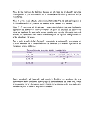 Nivel 3: Se incorpora la distinción basada en el modo de producción para las
obstruyentes, lo que se convertirá en la presencia de fricativas y africadas en los
repertorios.
Nivel 4: El niño logra articular una consonante líquida (/l/ o /r/). Esto corresponde a
la distinción dentro del grupo de las sonoras, entre nasales y no nasales.
Nivel 5: Corresponde al último nivel, cuyas características son que finalmente
aparecen las distinciones correspondientes al grado de al grado de estridencia
para las fricativas, lo que en la lengua castella nos permite diferenciar entre el
fonema /s/ y el fonema / θ/ y el de lateralidad para las líquidas distinguiendo así
entre laterales y vibrantes.
Por lo tanto a partir de la información recaudada, a continuación se muestra un
cuadro resumen de la adquisición de los fonemas por edades, agrupados en
rangos de un año cada uno
Adquisición de fonemas según rangos etario
Edad Fonemas
3.0-3.11 /m/ - /b/ - /./ - /./ - /p/ - /n/ - /f/ - /t/ - /k/
4.0-4.11 /r/ - /d/ - /./ - /g/ - /l/
5.0-5.11 /ř/
6.0-6.11 /s/ - /ř/
Como conclusión el desarrollo del repertorio fonético, es resultado de una
combinación tanto ambiental como propia y características de cada niño, estos
procesos intervienen de manera tanto indirecta como directamente, pero todos son
necesarios para la correcta adquisición de estos.
 