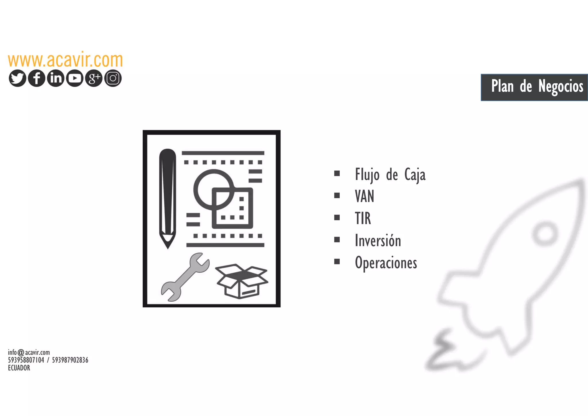 Plan de Negocios
Flujo de Caja
VAN
TIR
Inversión
Operaciones