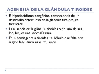 AGENESIA DE LA GLÁNDULA TIROIDES El hipotiroidismo congénito, consecuencia de un desarrollo defectuoso de la glándula tiroides, es frecuente. La ausencia de la glándula tiroides o de uno de sus lóbulos, es una anomalía rara. En la hemiagenesia tiroidea , el lóbulo que falta con mayor frecuencia es el izquierdo. 