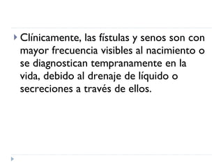 Clínicamente, las fístulas y senos son con mayor frecuencia visibles al nacimiento o se diagnostican tempranamente en la vida, debido al drenaje de líquido o secreciones a través de ellos. 