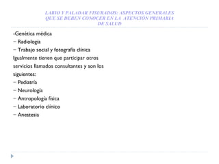 LABIO Y PALADAR FISURADOS: ASPECTOS GENERALES QUE SE DEBEN CONOCER EN LA  ATENCIÓN PRIMARIA DE SALUD -Genética médica −  Radiología −  Trabajo social y fotografía clínica Igualmente tienen que participar otros servicios llamados consultantes y son los siguientes: −  Pediatría −  Neurología −  Antropología física −  Laboratorio clínico −  Anestesia 
