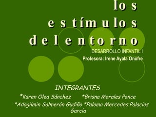 Desarrollo cerebral y los estímulos del entorno DESARROLLO INFANTIL I Profesora: Irene Ayala Onofre INTEGRANTES  * Karen Olea Sánchez *Brisna Morales Ponce  *Adagilmin Salmerón Gudiño *Paloma Mercedes Palacios García 