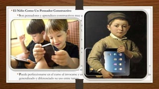 • El Niño Como Un Pensador Constructivo
• Son pensadores y aprendices constructivos muy activos.
• Copian pasiva y no selectivamente cualquier cosa que el ambiente les presenta.
• Les llevan a seleccionar del input(ímpetu), lo que es significativo para ellos.
• Desarrollan sus propias teorías acerca del mundo circundante y las ponen continuamente a prueba
• Nuevos Métodos
• Observacionales, procedimientos de prueba altamente verbales, experimentales mixtos y verbales-no
verbales.
• Los avances tecnológicos, por ejemplo las cámaras de movimiento ocular, las videograbadoras y las
computadoras, han tenido también un papel importante en la investigación tanto de bebés como de
sujetos mayores.
• El Problema De Diagnóstico
• Los modernos psicólogos evolutivos aún son frecuentemente incapaces de caracterizar con precisión y
confianza el conocimiento y capacidades de un niño dado.
• Puede perfeccionarse en el curso al invocarse y usarse más confiablemente en una tarea, al hacerse más
generalizado y diferenciado su uso entre tareas.

 
