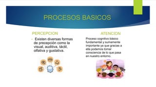 PROCESOS BASICOS
PERCEPCION ATENCION
• Existen diversas formas
de precepción como la
visual, auditiva, táctil,
olfativa y gustativa.
Proceso cognitivo básico
fundamental y sumamente
importante ya que gracias a
ella podemos tomar
consciencia de lo que pasa
en nuestro entorno.
 