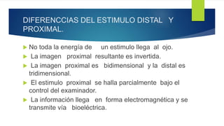 DIFERENCCIAS DEL ESTIMULO DISTAL Y
PROXIMAL.
 No toda la energía de un estimulo llega al ojo.
 La imagen proximal resultante es invertida.
 La imagen proximal es bidimensional y la distal es
tridimensional.
 El estimulo proximal se halla parcialmente bajo el
control del examinador.
 La información llega en forma electromagnética y se
transmite vía bioeléctrica.
 