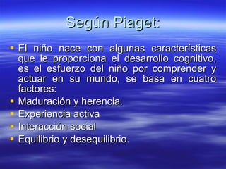 Según Piaget: El niño nace con algunas características que le proporciona el desarrollo cognitivo, es el esfuerzo del niño por comprender y actuar en su mundo, se basa en cuatro factores: Maduración y herencia. Experiencia activa Interacción social Equilibrio y desequilibrio. 
