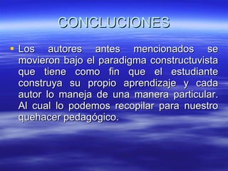 CONCLUCIONES Los autores antes mencionados se movieron bajo el paradigma constructuvista que tiene como fin que el estudiante construya su propio aprendizaje y cada autor lo maneja de una manera particular. Al cual lo podemos recopilar para nuestro quehacer pedagógico.  