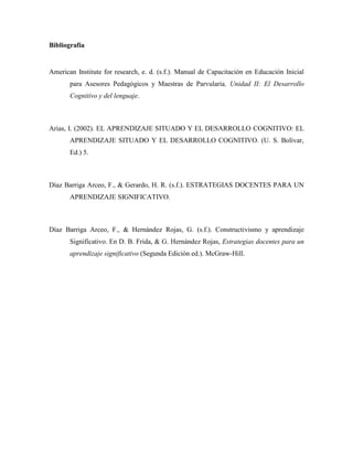 Bibliografía


American Institute for research, e. d. (s.f.). Manual de Capacitación en Educación Inicial
       para Asesores Pedagógicos y Maestras de Parvularia. Unidad II: El Desarrollo
       Cognitivo y del lenguaje.



Arias, I. (2002). EL APRENDIZAJE SITUADO Y EL DESARROLLO COGNITIVO: EL
       APRENDIZAJE SITUADO Y EL DESARROLLO COGNITIVO. (U. S. Bolívar,
       Ed.) 5.



Díaz Barriga Arceo, F., & Gerardo, H. R. (s.f.). ESTRATEGIAS DOCENTES PARA UN
       APRENDIZAJE SIGNIFICATIVO.



Díaz Barriga Arceo, F., & Hernández Rojas, G. (s.f.). Constructivismo y aprendizaje
       Significativo. En D. B. Frida, & G. Hernández Rojas, Estrategias docentes para un
       aprendizaje significativo (Segunda Edición ed.). McGraw-Hill.
 