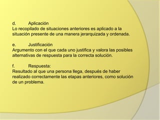 d. Aplicación
Lo recopilado de situaciones anteriores es aplicado a la
situación presente de una manera jerarquizada y ordenada.
e. Justificación
Argumento con el que cada uno justifica y valora las posibles
alternativas de respuesta para la correcta solución.
f. Respuesta:
Resultado al que una persona llega, después de haber
realizado correctamente las etapas anteriores, como solución
de un problema.
 