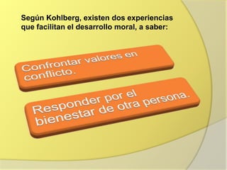 Según Kohlberg, existen dos experiencias
que facilitan el desarrollo moral, a saber:
 