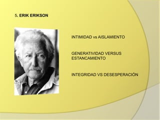 5. ERIK ERIKSON
INTIMIDAD vs AISLAMIENTO
GENERATIVIDAD VERSUS
ESTANCAMIENTO
INTEGRIDAD VS DESESPERACIÓN
 
