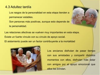 4.3 Adultez tardía
Los rasgos de la personalidad en esta etapa tienden a
permanecer estables.
Son personas más positivas, aunque esto depende de
la personalidad.
Las relaciones afectivas se vuelven muy importantes en esta etapa.
Existe un fuerte vínculo con su círculo de apoyo social.
El aislamiento puede ser un factor contribuyente a la mortalidad
Los ancianos disfrutan de pasar tiempo
con sus amistades y compartir distintos
momentos con ellos, disfrutan más estar
con amigos por el apoyo emocional que
ellos les brindan.
 