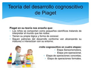 Piaget en su teoría nos enseño que:
 Los niños se comportan como pequeños científicos tratando de
interpretar el mundo que les rodea.
 Tienen su propia lógica y forma de conocer.
 Siguen patrones del desarrollo conforme van alcanzando su
madurez e interactúan con su entorno.
Piaget dividió el desarrollo cognoscitivo en cuatro etapas:
 Etapa Sensoriomotora.
 Etapa pre-operacional.
 Etapa de operaciones concretas.
 Etapa de operaciones formales.
Teoría del desarrollo cognoscitivo
de Piaget
 
