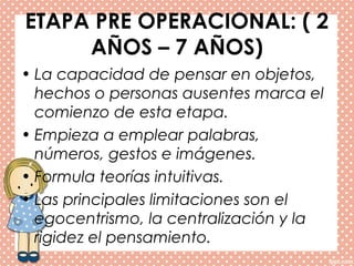 ETAPA PRE OPERACIONAL: ( 2
AÑOS – 7 AÑOS)
• La capacidad de pensar en objetos,
hechos o personas ausentes marca el
comienzo de esta etapa.
• Empieza a emplear palabras,
números, gestos e imágenes.
• Formula teorías intuitivas.
• Las principales limitaciones son el
egocentrismo, la centralización y la
rigidez el pensamiento.
 
