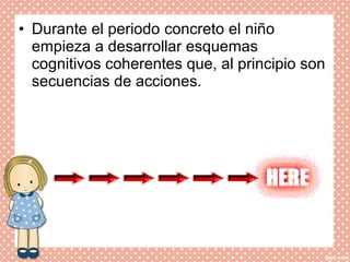 • Durante el periodo concreto el niño
empieza a desarrollar esquemas
cognitivos coherentes que, al principio son
secuencias de acciones.
 