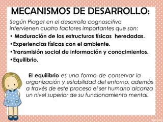 MECANISMOS DE DESARROLLO:
Según Piaget en el desarrollo cognoscitivo
intervienen cuatro factores importantes que son:
• Maduración de las estructuras físicas heredadas.
•Experiencias físicas con el ambiente.
•Transmisión social de información y conocimientos.
•Equilibrio.
El equilibrio es una forma de conservar la
organización y estabilidad del entorno, además
a través de este proceso el ser humano alcanza
un nivel superior de su funcionamiento mental.
 