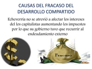 CAUSAS DEL FRACASO DEL
DESARROLLO COMPARTIDO
Echeverría no se atrevió a afectar los intereses
del los capitalistas aumentando los impuestos
por lo que su gobierno tuvo que recurrir al
endeudamiento externo
 