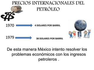 PRECIOS INTERNACIONALES DEL
PETRÓLEO
1970
1979
De esta manera México intento resolver los
problemas económicos con los ingresos
petroleros .
4 DOLARES POR BARRIL
38 DOLARES POR BARRIL
 