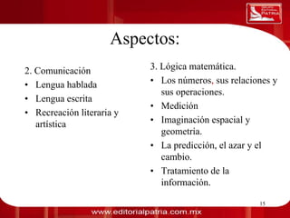 Aspectos:
0011 0010 1010 1101 0001 0100 1011

     2. Comunicación                      3. Lógica matemática.
     • Lengua hablada                     • Los números, sus relaciones y
                                             sus operaciones.
     • Lengua escrita
                                          • Medición
     • Recreación literaria y
        artística                         • Imaginación espacial y
                                             geometría.
                                          • La predicción, el azar y el
                                             cambio.
                                          • Tratamiento de la
                                             información.

                             Dra. Laura Frade Rubio                 15
 