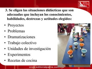 3. Se eligen las situaciones didácticas que son
     adecuadas que incluyan los conocimientos,
0011 0010 1010 1101 0001 0100 1011
     habilidades, destrezas y actitudes elegidos:
  •   Proyectos
  •   Problemas
  •   Dramatizaciones
  •   Trabajo colectivo
  •   Unidades de investigación
  •   Experimentos
  •   Recetas de cocina
                         Dra. Laura Frade Rubio      25
 