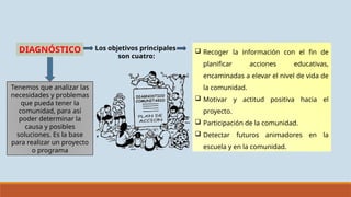 DIAGNÓSTICO
Tenemos que analizar las
necesidades y problemas
que pueda tener la
comunidad, para así
poder determinar la
causa y posibles
soluciones. Es la base
para realizar un proyecto
o programa
Los objetivos principales
son cuatro:
 Recoger la información con el fin de
planificar acciones educativas,
encaminadas a elevar el nivel de vida de
la comunidad.
 Motivar y actitud positiva hacia el
proyecto.
 Participación de la comunidad.
 Detectar futuros animadores en la
escuela y en la comunidad.
 