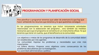 PROGRAMACION Y PLANIFICACIÓN SOCIAL
Para planificar o programar tenemos que saber de antemano lo que hay que
hacer señalando los recursos que tenemos y lo que queremos conseguir.
En las programaciones no tenemos que incluir únicamente actividades
relacionadas con la elaboración del programa , sino también las medidas
necesarias para que el programa se convierta en un instrumento eficaz. Ya que
tenemos que tener en cuenta, que el beneficiario es la comunidad.
Los objetivos o metas de los programas de desarrollo de la comunidad deben
ser establecidos por tres agentes:
•La comunidad. Expresa los problemas y necesidades que cree más
importantes.
•La Esfera técnica. Propone unos objetivos como consecuencia de los
problemas descubiertos por la investigación.
•La autoridad administrativa o política.
 