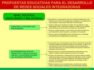 PROPUESTAS EDUCATIVAS PARA EL DESARROLLO DE REDES SOCIALES INTEGRADORAS CONSTRUIR LA SOCIEDAD QUE PRETENDEMOS. NIVEL POLÍTICO, IDEOLÓGICO Y RELACIONAL NO PERDERNOS EN NIVELES OPERATIVOS Y PROYECTOS QUE LIMITEN LA CAPACIDAD DE IDEAR UNA SOCIEDAD DIFERENTE. . Desarrollo de un pensamiento crítico que cuestione aquello que se nos presenta como normal: “la sociedad que se pretende”, “el modelo que se busca implantar” (expresiones abstractas e impersonales) ¿Quién configura ese modelo de sociedad “que se pretende”? ¿Qué implica llegar a ella? ¿Qué efectos conlleva? ¿Cuáles son los intereses de las personas que promueven la sociedad que “se pretende”? Construir modelos sociales y marcos teóricos de referencia desde los que fundamentar nuestra actuación y vincularlos con la práctica. Asumir nuestra responsabilidad social e implicarnos en su desarrollo, convirtiéndonos en protagonistas de nuestra vida.  Los proyectos son una herramienta muy útil en la intervención social pero encierran el peligro de “quedarnos atados a los proyectos”, es decir, que nos anclemos en el terreno técnico-operativo que nos impida idear y crear otras situaciones, en ocasiones difíciles de expresar mediante los parámetros de los proyectos.  Debemos hacer que nuestras herramientas socioeducativas no nos atrapen e impidan nuestra capacidad de soñar con el cambio. Al tiempo que diseñamos e implementamos proyectos debemos dedicar espacios de trabajo (personal e institucional) dedicados a soñar, imaginar una sociedad mejor, una sociedad diferente, más justa para todas las personas, una sociedad diversa, respetuosa con el medio, con las personas, con la cultura…  Debemos pensar en una sociedad propia, construida por nosotros mismos, ideada desde la creatividad y construida desde la libertad.  RUBÉN JIMÉNEZ JIMÉNEZ  . 