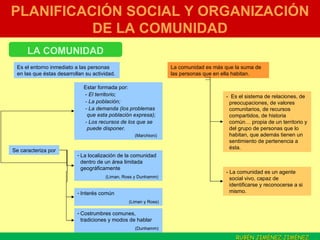 PLANIFICACIÓN SOCIAL Y ORGANIZACIÓN DE LA COMUNIDAD LA COMUNIDAD Es el entorno inmediato a las personas en las que éstas desarrollan su actividad. Estar formada por: -  El territorio;  - La población; - La demanda (los problemas que esta población expresa); - Los recursos de los que se puede disponer.   (Marchioni) Se caracteriza por La comunidad es más que la suma de las personas que en ella habitan. La localización de la comunidad dentro de un área limitada geográficamente  (Liman, Ross y Dunhamm) Interés común  (Liman y Ross) Costrumbres comunes, tradiciones y modos de hablar  (Dunhamm) -  Es el sistema de relaciones, de preocupaciones, de valores comunitarios, de recursos compartidos, de historia común… propia de un territorio y del grupo de personas que lo habitan, que además tienen un sentimiento de pertenencia a ésta. - La comunidad es un agente social vivo, capaz de identificarse y reconocerse a si mismo. RUBÉN JIMÉNEZ JIMÉNEZ  . 