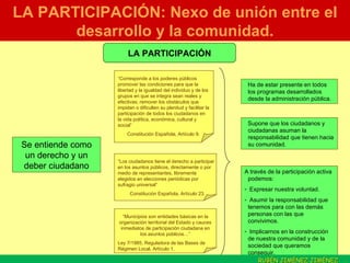 LA PARTICIPACIÓN: Nexo de unión entre el desarrollo y la comunidad. LA PARTICIPACIÓN Se entiende como un derecho y un deber ciudadano “ Corresponde a los poderes públicos promover las condiciones para que la libertad y la igualdad del individuo y de los grupos en que se integra sean reales y efectivas; remover los obstáculos que impidan o dificulten su plenitud y facilitar la participación de todos los ciudadanos en la vida política, económica, cultural y social” Constitución Española, Artículo 9. “ Los ciudadanos tiene el derecho a participar en los asuntos públicos, directamente o por medio de representantes, libremente elegidos en elecciones periódicas por sufragio universal” Constitución Española, Artículo 23. “ Municipios son entidades básicas en la organización territorial del Estado y cauces inmediatos de participación ciudadana en los asuntos públicos…” Ley 7/1985, Reguladora de las Bases de Régimen Local, Artículo 1. A través de la participación activa podemos:  Expresar nuestra voluntad. Asumir la responsabilidad que tenemos para con las demás personas con las que convivimos.  Implicarnos en la construcción de nuestra comunidad y de la sociedad que queramos conseguir. Ha de estar presente en todos los programas desarrollados desde la administración pública. Supone que los ciudadanos y ciudadanas asuman la responsabilidad que tienen hacia su comunidad.  RUBÉN JIMÉNEZ JIMÉNEZ  . 