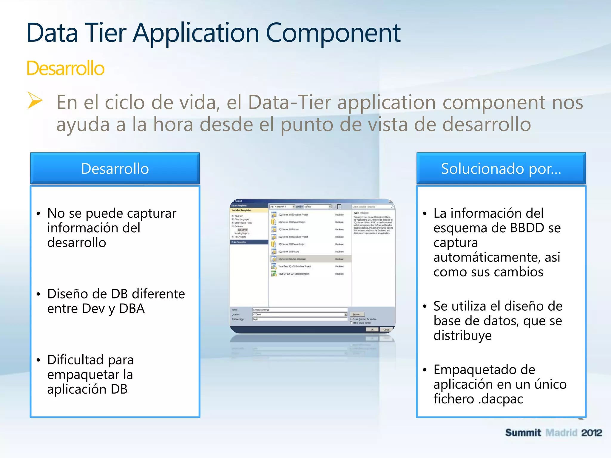  En el ciclo de vida, el Data-Tier application component nos
ayuda a la hora desde el punto de vista de desarrollo
Data Tier Application Component
Desarrollo
• No se puede capturar
información del
desarrollo
• Diseño de DB diferente
entre Dev y DBA
• Dificultad para
empaquetar la
aplicación DB
Desarrollo
• La información del
esquema de BBDD se
captura
automáticamente, asi
como sus cambios
• Se utiliza el diseño de
base de datos, que se
distribuye
• Empaquetado de
aplicación en un único
fichero .dacpac
Solucionado por…
 
