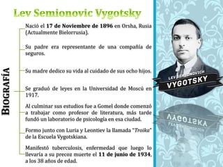 BIOGRAFÍA
Nació el 17 de Noviembre de 1896 en Orsha, Rusia
(Actualmente Bielorrusia).
Su padre era representante de una compañía de
seguros.
Su madre dedico su vida al cuidado de sus ocho hijos.
Se graduó de leyes en la Universidad de Moscú en
1917.
Al culminar sus estudios fue a Gomel donde comenzó
a trabajar como profesor de literatura, más tarde
fundó un laboratorio de psicología en esa ciudad.
Formo junto con Luria y Leontiev la llamada “Troika”
de la Escuela Vygotskiana.
Manifestó tuberculosis, enfermedad que luego lo
llevaría a su precoz muerte el 11 de junio de 1934,
a los 38 años de edad.
 