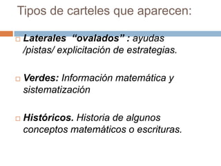 Tipos de carteles que aparecen:
 Laterales “ovalados” : ayudas
/pistas/ explicitación de estrategias.
 Verdes: Información matemática y
sistematización
 Históricos. Historia de algunos
conceptos matemáticos o escrituras.
 