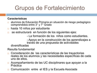 Grupos de Fortalecimiento
Características
 alumnos de Educación Primaria en situación de riesgo pedagógico
comprendidos entre 3° y 7° Grado
 hasta 10 niños por estudiante
 se estructurará en función de los siguientes ejes:
- La formación de los niños como estudiantes.
- Apoyo en la construcción de los aprendizajes a
través de una propuesta de actividades
diversificadas
Resulta fundamental
 Consideración de las características de las trayectorias
reales de los alumnos y las necesidades específicas de cada
uno de ellos.
 Acompañamiento de las UC disciplinares que apoyan a la
Práctica
 Comunicación entre el IES y la Escuela Asociada
 
