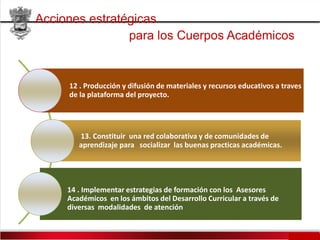 12 . Producción y difusión de materiales y recursos educativos a traves
de la plataforma del proyecto.
13. Constituir una red colaborativa y de comunidades de
aprendizaje para socializar las buenas practicas académicas.
14 . Implementar estrategias de formación con los Asesores
Académicos en los ámbitos del Desarrollo Curricular a través de
diversas modalidades de atención
Acciones estratégicas
para los Cuerpos Académicos.
 