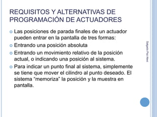 REQUISITOS Y ALTERNATIVAS DE 
PROGRAMACIÓN DE ACTUADORES 
 Las posiciones de parada finales de un actuador 
pueden entrar en la pantalla de tres formas: 
 Entrando una posición absoluta 
 Entrando un movimiento relativo de la posición 
actual, o indicando una posición al sistema. 
 Para indicar un punto final al sistema, simplemente 
se tiene que mover el cilindro al punto deseado. El 
sistema “memoriza” la posición y la muestra en 
pantalla. 
Salgado Paz Alexi 
 