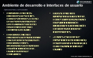 Ambiente de des arrollo e interfac es de us uario
Aplicacion y a iv des
          es ct ida
•   F rgo n A p a n:
     oe ru d p l t s
                ic io        •   W g t p la n
                                   id e A p t :
                                            ic io
    a laio e q e o úil
     p c n s u sn t s
      ic              e          rpee t u w g t n l
                                  e rsna n id e e e
                                          n
    c a d et v ib sE cs
     u n o s n is l . n ao
            á     e              H m S re d lis oito
                                   o e cen ed p siv.
    d q e enss e d a s
     e u sa up n id s e
                                 M et n f m c n
                                   u s a in r aió
                                      r     o
    d b g ad r ls d d l
     e e u ra eet o ea
                  a
                                 rl io a a u a p aió
                                  e c nd a n a l c n
                                    a              ic
    m m prn a c r
     is a aa o f t l
                 eaa
    ep rn ia euu r .
     x eie c d lsaio             op e e sroa e t
                                    u d n e ttm ne
                                                 l
                                 in e e d ne.
                                   d p n ie t s
•   B cgo n A l a n
     ak ru d pict :
                 l io
    a laio e q e aa lm yr
     p c n s u p sna ao
      ic                     •   A titse lcp d
                                  c ie: sa a a e
                                   iv
    p r d l m oec n id s n
     at et p so d a e
       e    ie                   pee tc n ea p aió ,
                                  rsnaió d la l c n
                                               ic
    b cgo n , p r e
     ak ru d eo s                p se u a is ao ia a l
                                  oen n v t sc d , a
                                            a
    rc m n a lq e oenu a
    eo e d b u p sa n
               e                 c ap seáa t f d
                                  u loer line a e
                                              rz
    p q e a t ac nc ne
     e u ñ ine ció o l
               r                 uu r .
                                  saio
    uu r p re a d
     saio o t s e
               m
    c n uaió .
     o f rc n
       ig
                                           © 2011-2007 SYNGBIZ CORPORATION, C.A.
 