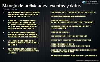 Manejo de ac tividades , eventos y datos
N if cion
 ot ica  es
•   L s oifaio e p r it aisr
     a n t c n s em e v a
          ic           n          Srgsc a e C net O IC T N E V E
                                   tin vN m = o tx T IA I _S R I ;
                                                  .N F  O      C
    auu r d c a u r a b s
     lsaio e u l ie cm io in
                q
    euod u a civ a .
     ls e n atid d                N t aio M n g r oifaio M n g r
                                   oif t n a a e n t tn a a e;
                                     ic             ic

•   Cen nm na e lb r
      ra u e sj na ar
                 e        a       n t aio M n g r
                                   oif tn a a e =
                                     ic
    sp r rao p ñ d d u
     u eio, c m a a a e n         ( oifaio M n g r eS s m ev e vN m )
                                  N t tn a a e) tyt S r ( c a e
                                      ic          g    e   ic s     ;
    ic n , u m na , u a ibaió ,
      o o n e sj n v rc n
                 e
    u sn o u p ra e d l d
     n o id , n ap d o el e       N t aio n t aio = n w oifaio ( o ,
                                   oif t n oif tn e N t tn n
                                     ic      ic           ic   ic
    d lis oitoy n ac n
     ed p siv u a ció .           tkretwe )
                                  iceT x h n
                                        ,     ;

•   S n t aa prnt aa
     o uil d s aa oif r l
         iz         ic            n t aio .n m e++;
                                   oif tn u b r
                                     ic
    uu r d cm io e sr io
     saio e a b s n ev sic
    b cgo n q e s nc r n o
     ak ru d u et or d .
                 é     ie         C net o tx = g tp laio C net
                                   o tx c net eA p t n o tx)
                                                    ic       (;

•   A p l r n t aió e l
     lu a l oif c n na
        s a    ic                 I e t tn = n wne th , MA tit l s
                                  n n ine t e I n( is y civy a )
                                   t             t t          .c s ;
    b r sp r rs p e e sc r
     ar u eio, e u d ao ia
       a
    u Iet
     nn n.
       t                          P n in I e t u c I e t
                                   e d g tn l n h tn =
                                         n    a    n
                                  P n in I e t eA titc net0 ine t0
                                   e d g tn.g tcivy o tx , tn, )
                                         n            (  ,        ;
•   L s oifaio e s m n j a
     a n t c ns e ae n
          ic           a          n t aio .staetvnIo o tx x a d d it,e
                                   oif tn eL ts e t f c net p n e Tl
                                     ic          E    n(  ,e       e
    t vs eN t a n a a e d
    r é d l oif t M n g r e
     a        ic io               x a d d et u c I e t
                                  p n e T x a n h tn)
                                            ,l   n ;
    A do .
     n rid
                                  in t aio M n g r oifn t aio R fn t aio )
                                    oif tn a a e.n t ( oif tn e oif tn
                                      ic             y   ic     ,   ic   ;

                                                        © 2011-2007 SYNGBIZ CORPORATION, C.A.
 