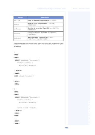 105
Desarrollo de aplicaciones web
ANOTACIONES

 FUOC • XP04/90791/00021
Disponemos de dos mecanismos para indicar qué función manejará
un evento:
1.
<HTML>
<HEAD>
<SCRIPT LANGUAGE=“Javascript”>
function Alarma() {
alert(“Hola Mundo”);
}
</SCRIPT>
</HEAD>
<BODY onLoad=“Saludo()”>
...
</BODY>
</HTML>
2.
<HTML>
<HEAD>
<SCRIPT LANGUAGE=“Javascript”>
function Saludo() {
alert(“Hola Mundo”);
}
window.onload = Saludo;.
</SCRIPT>
</HEAD>
<BODY>
...
</BODY>
</HTML>.
Evento Descripción
onClick Pulsar un elemento. Disponible en: <INPUT>
onBlur
Perder el cursor. Disponible en: <INPUT>,
<TEXTAREA>
onChange
Cambiar de contenido. Disponible en: <INPUT>,
<TEXTAREA>
onFocus
Conseguir el cursor. Disponible en: <INPUT>,
<TEXTAREA>
onSelect
Seleccionar texto. Disponible en: <INPUT
TYPE=“text”>, <TEXTAREA>
 