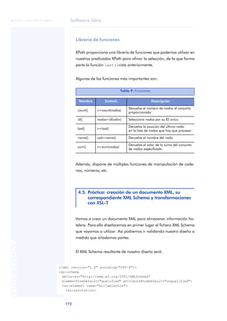 Software libre
172
ANOTACIONES

 FUOC • XP04/90791/00021
Librería de funciones
XPath proporciona una librería de funciones que podemos utilizar en
nuestros predicados XPath para afinar la selección, de la que forma
parte la función last()vista anteriormente.
Algunas de las funciones más importantes son:
Además, dispone de múltiples funciones de manipulación de cade-
nas, números, etc.
Vamos a crear un documento XML para almacenar información ho-
telera. Para ello diseñaremos en primer lugar el fichero XML Schema
que vayamos a utilizar. Así podremos ir validando nuestro diseño a
medida que añadamos partes.
El XML Schema resultante de nuestro diseño será:
Tabla 9. Funciones
Nombre Sintaxis Descripción
count() n=count(nodos)
Devuelve el número de nodos al conjunto
proporcionado
id() nodos=id(valor) Selecciona nodos por su ID único
last() n=last()
Devuelve la posición del último nodo
en la lista de nodos que hay que procesar
name() cad=name() Devuelve el nombre del nodo
sum() n=sum(nodos)
Devuelve el valor de la suma del conjunto
de nodos especificado
4.5. Práctica: creación de un documento XML, su
correspondiente XML Schema y transformaciones
con XSL-T
<?xml version="1.0" encoding="UTF-8"?>
<xs:schema
xmlns:xs="http://www.w3.org/2001/XMLSchema"
elementFormDefault="qualified" attributeFormDefault="unqualified">
<xs:element name="Alojamientos">
<xs:annotation>
 