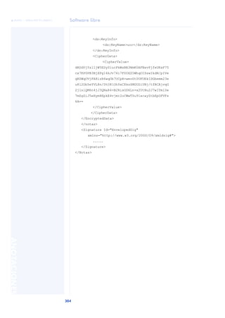 Software libre
304
ANOTACIONES

 FUOC • XP04/90791/00021
<ds:KeyInfo>
<ds:KeyName>uoc</ds:KeyName>
</ds:KeyInfo>
<CipherData>
<CipherValue>
dRDdYjYs11jW5EDy0lucPkWsBB3NmK0AFNxvFjfeUKxP75
cx7KP0PB3BjXPg14kJv74i7F00XZ5WhqOISswIkdN/pIVe
qRZWqOVjFA8izR6wqOb7UCpH+weoGt0UFOEkIDGbemm23e
u812Ob5eYVL8n/DtO81OhYeCXksSMGUZiUNj/tfBCAjvqG
2jlslQM6n4jJ3QNaR4+B2RisOD6Ln+x2UtNu2J7wIYmlUe
7mSgZiJ5eHym8EpkE4vjmr2oCWwTUu91xcayZtbEpOFVFs
6A==
</CipherValue>
</CipherData>
</EncryptedData>
</notas>
<Signature Id="EnvelopedSig"
xmlns="http://www.w3.org/2000/09/xmldsig#">
.....
</Signature>
</Notas>
 