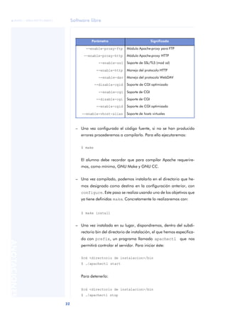 Software libre
32
ANOTACIONES

 FUOC • XP04/90791/00021
– Una vez configurado el código fuente, si no se han producido
errores procederemos a compilarlo. Para ello ejecutaremos:
$ make
El alumno debe recordar que para compilar Apache requerire-
mos, como mínimo, GNU Make y GNU CC.
– Una vez compilado, podemos instalarlo en el directorio que he-
mos designado como destino en la configuración anterior, con
configure. Este paso se realiza usando uno de los objetivos que
ya tiene definidos make. Concretamente lo realizaremos con:
$ make install
– Una vez instalado en su lugar, dispondremos, dentro del subdi-
rectorio bin del directorio de instalación, el que hemos especifica-
do con prefix, un programa llamado apachectl que nos
permitirá controlar el servidor. Para iniciar éste:
$cd <directorio de instalacion>/bin
$ ./apachectl start
Para detenerlo:
$cd <directorio de instalacion>/bin
$ ./apachectl stop
Parámetro Significado
--enable-proxy-ftp Módulo Apache-proxy para FTP
--enable-proxy-http Módulo Apache-proxy HTTP
--enable-ssl Soporte de SSL/TLS (mod ssl)
--enable-http Manejo del protocolo HTTP
--enable-dav Manejo del protocolo WebDAV
--disable-cgid Soporte de CGI optimizado
--enable-cgi Soporte de CGI
--disable-cgi Soporte de CGI
--enable-cgid Soporte de CGI optimizado
--enable-vhost-alias Soporte de hosts virtuales
 