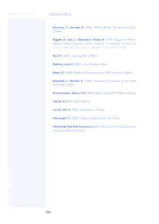 Software libre
366
ANOTACIONES

 FUOC • XP04/90791/00021
Musciano, C.; Kennedy, B. (2000). HTML & XHTML: The Definitive Guide.
O’Reilly.
Raggett, D.; Lam, J.; Alexander,I.; Kmiec, M. (1998). Raggett on HTML 4.
Addison Wesley Longman Limited. Capítulo 2 disponible en línea en:
http://www.w3.org/People/Raggett/book4/ch02.html.
Ray, E.T. (2001). Learning XML. O’Reilly.
Redding, Loren E. (2001). Linux Complete. Sybex.
Reese, G. (2000). Database Programming with JDBC and Java. O’Reilly.
Rosenfeld, L.; Morville, P. (1998). Information Architecture for the World
Wide Web. O’Reilly.
Rusty Harold,E.; Means, W.S. (2002). XML in a Nutshell, 2 nd
Edition. O’Reilly.
Tidwell, D. (2001). XSLT. O’Reilly.
van der Vlist, E. (2001). XML Schema. O’Reilly.
Wainwright, P. (2002). Professional Apache 2.0. Wrox Press.
World Wide Web (W3) Consortium (2003). http://www.w3.org/Consortium/
World Wide Web Consortium.
 
