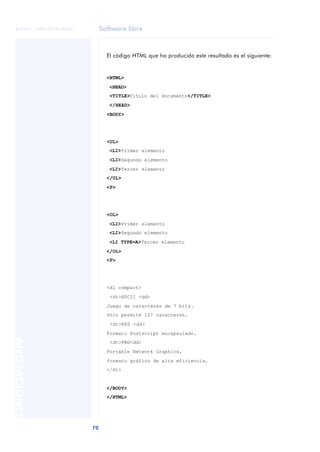 Software libre
70
ANOTACIONES

 FUOC • XP04/90791/00021
El código HTML que ha producido este resultado es el siguiente:
<HTML>
<HEAD>
<TITLE>Título del documento</TITLE>
</HEAD>
<BODY>
<UL>
<LI>Primer elemento
<LI>Segundo elemento
<LI>Tercer elemento
</UL>
<P>
<OL>
<LI>Primer elemento
<LI>Segundo elemento
<LI TYPE=A>Tercer elemento
</OL>
<P>
<dl compact>
<dt>ASCII <dd>
Juego de caracteres de 7 bits.
Sólo permite 127 caracteres.
<dt>EPS <dd>
Formato Postscript encapsulado.
<dt>PNG<dd>
Portable Network Graphics,
formato gráfico de alta eficiencia.
</dl>
</BODY>
</HTML>
 